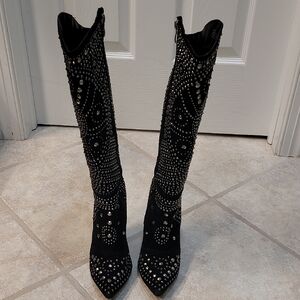 Black Studded Knee-High Women's Boots